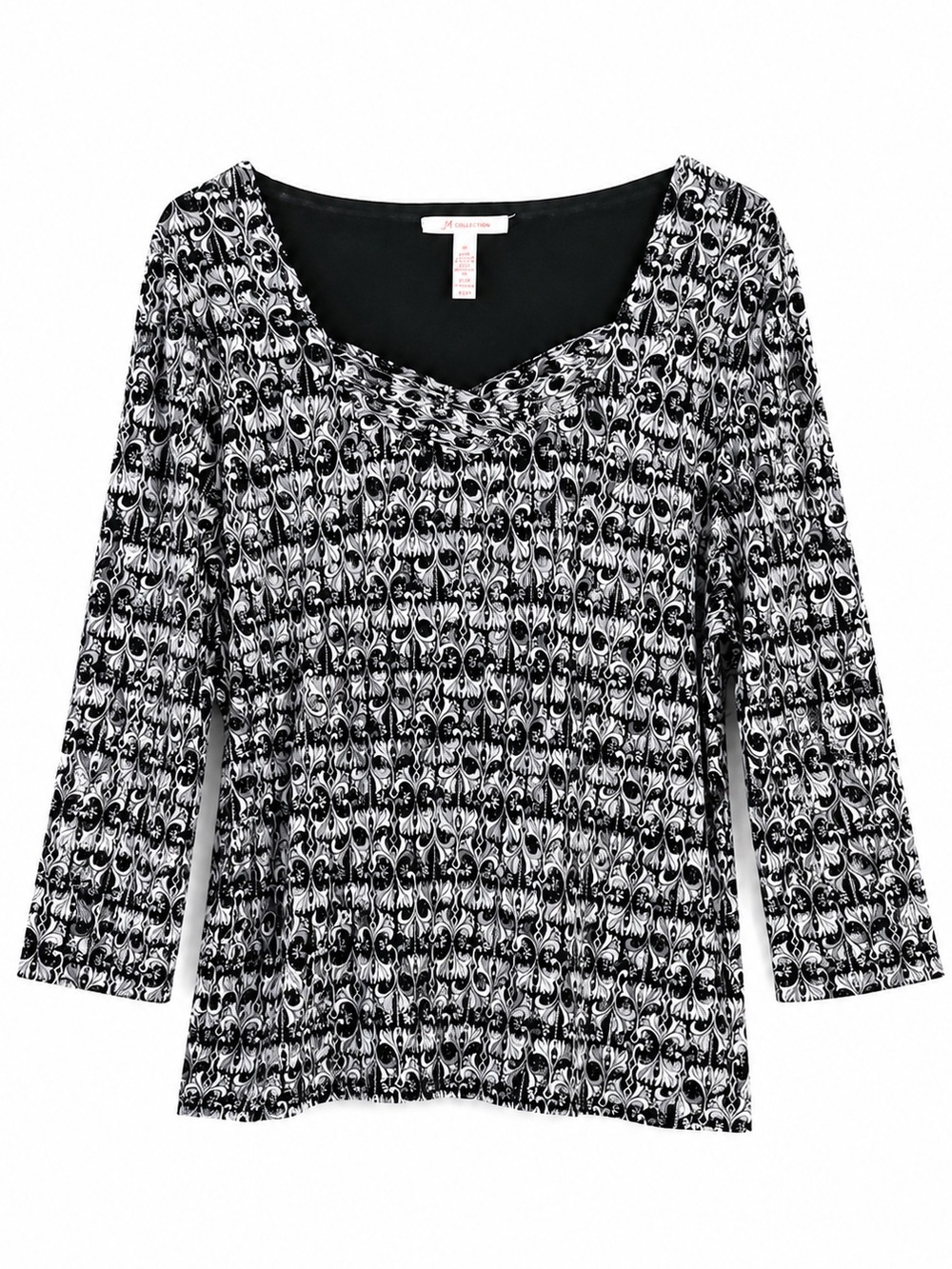 JM Collection Black White Paisley Scroll V-Neck 3/4 Sleeve Tunic Top Size XL